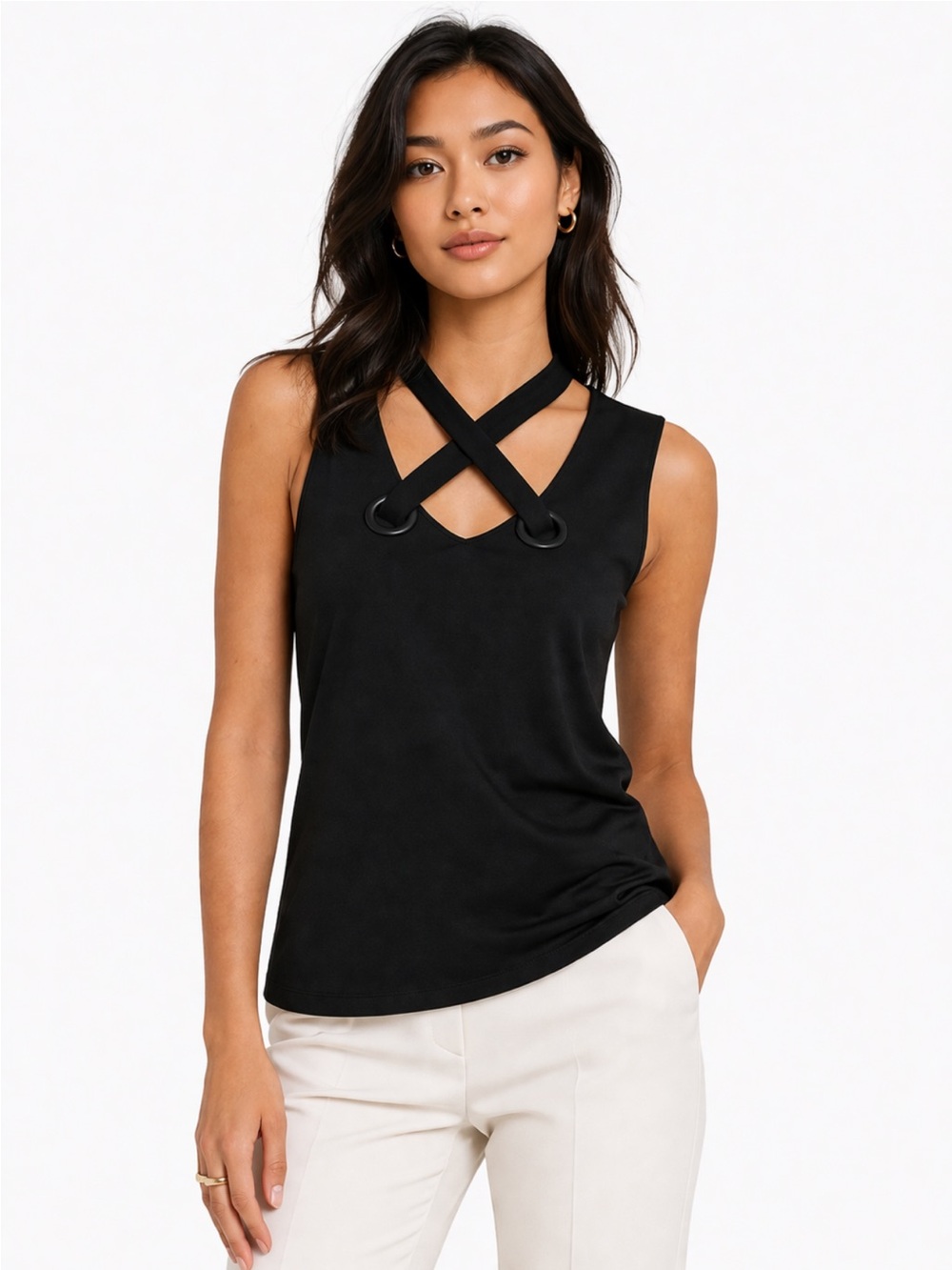 Nine West Black Crisscross Neck Sleeveless Top Ring Detail Blouse M